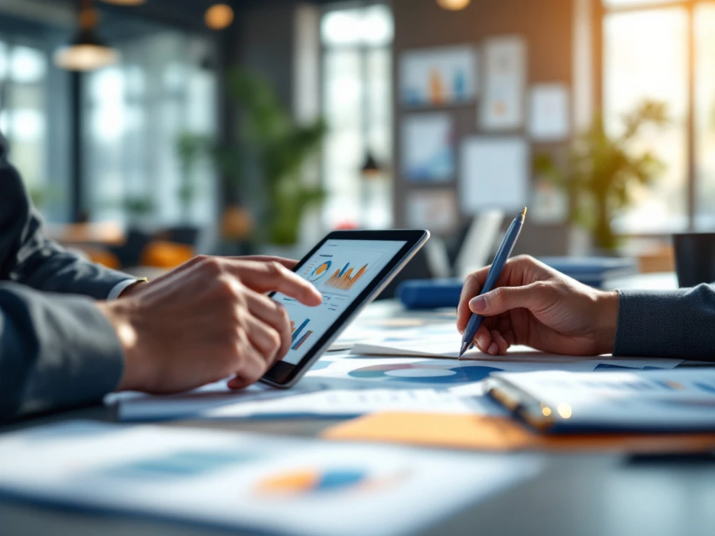 Handen bezig met marketingtaken op tablet met analyses terwijl materialen worden geschikt in moderne werkruimte met blauwe en oranje accenten