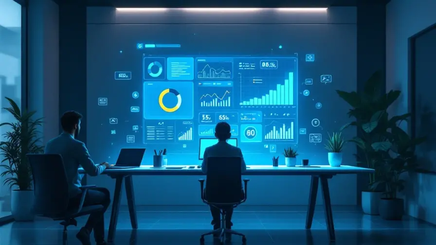 Futuristisch marketingwerkstation met holografisch dashboard, meerdere schermen voor data-analyse en een zwevend hologram dat 15 verbonden marketingvaardigheden visualiseert.
