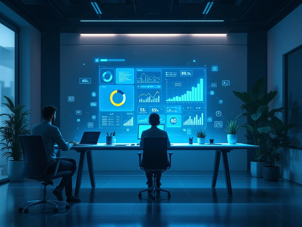 Futuristisch marketingwerkstation met holografisch dashboard, meerdere schermen voor data-analyse en een zwevend hologram dat 15 verbonden marketingvaardigheden visualiseert.
