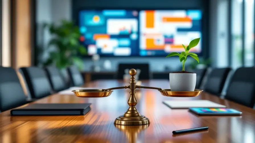 Moderne vergaderruimte met houten tafel waarop een balans tussen ervaring en potentieel wordt uitgebeeld via een weegschaal in Search-On's blauwe en oranje marketingsfeer.