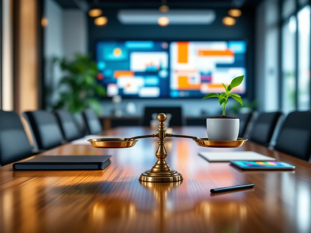 Moderne vergaderruimte met houten tafel waarop een balans tussen ervaring en potentieel wordt uitgebeeld via een weegschaal in Search-On's blauwe en oranje marketingsfeer.
