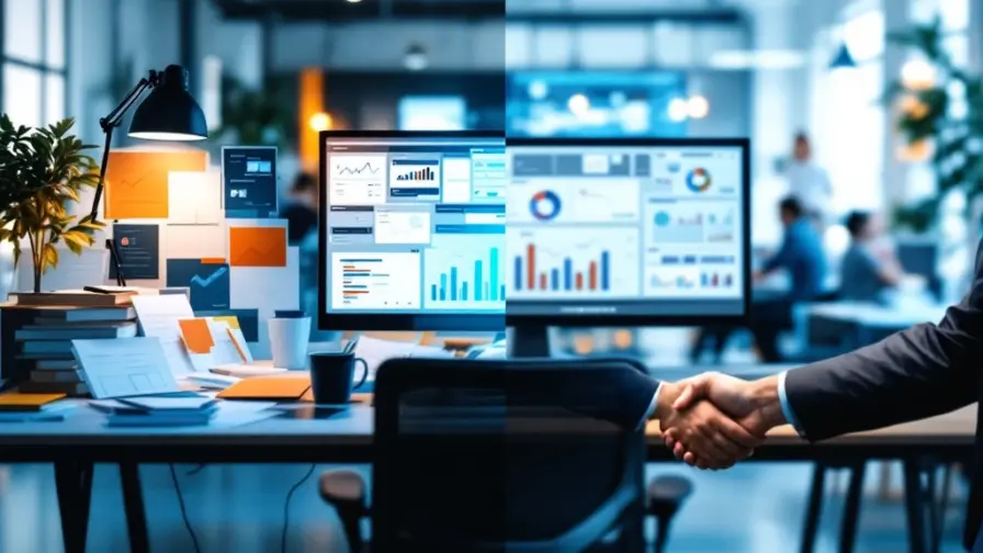 Contrasterende marketingwerving: links een leeg bureau met verspreide materialen; rechts een georganiseerde werkplek met succesvolle aanwerving.