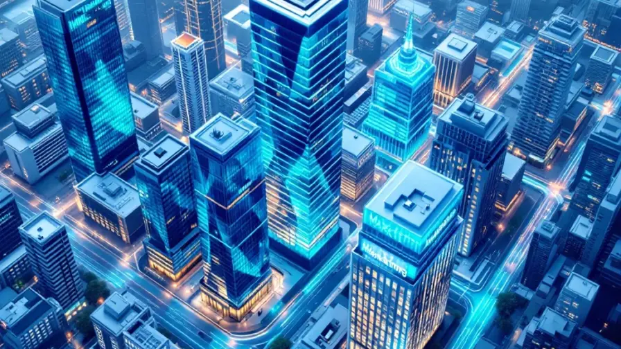 Modern Nederlands zakelijk district vanuit vogelperspectief met centrale marketingtoren die via lichtlijnen verbonden is met sectorgebouwen, professioneel bureau op voorgrond.