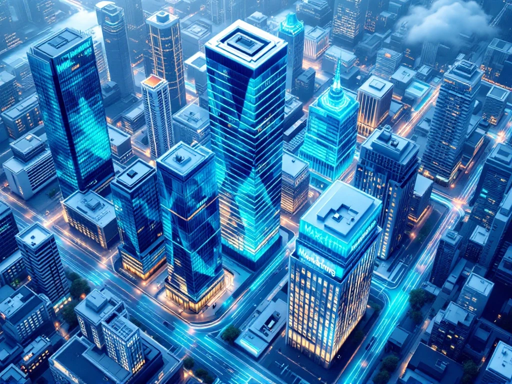 Modern Nederlands zakelijk district vanuit vogelperspectief met centrale marketingtoren die via lichtlijnen verbonden is met sectorgebouwen, professioneel bureau op voorgrond.
