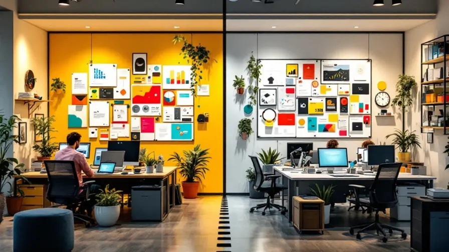 Vergelijking tussen creatief reclamebureau en bedrijfseigen marketingafdeling, verbonden door pad dat carrièrekeuzes symboliseert.
