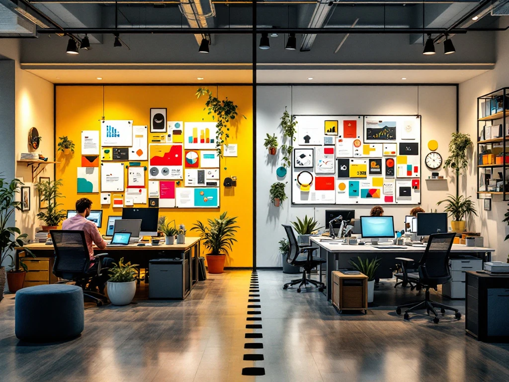 Vergelijking tussen creatief reclamebureau en bedrijfseigen marketingafdeling, verbonden door pad dat carrièrekeuzes symboliseert.
