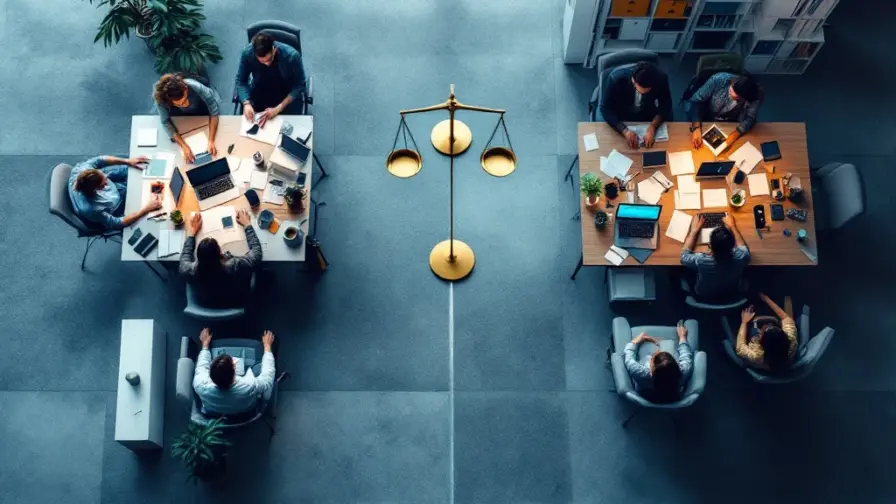 Vergelijking tussen intern marketingteam en extern bureau: gesplitste kantooromgeving met weegschaal in het midden, symboliseert zakelijke keuze.