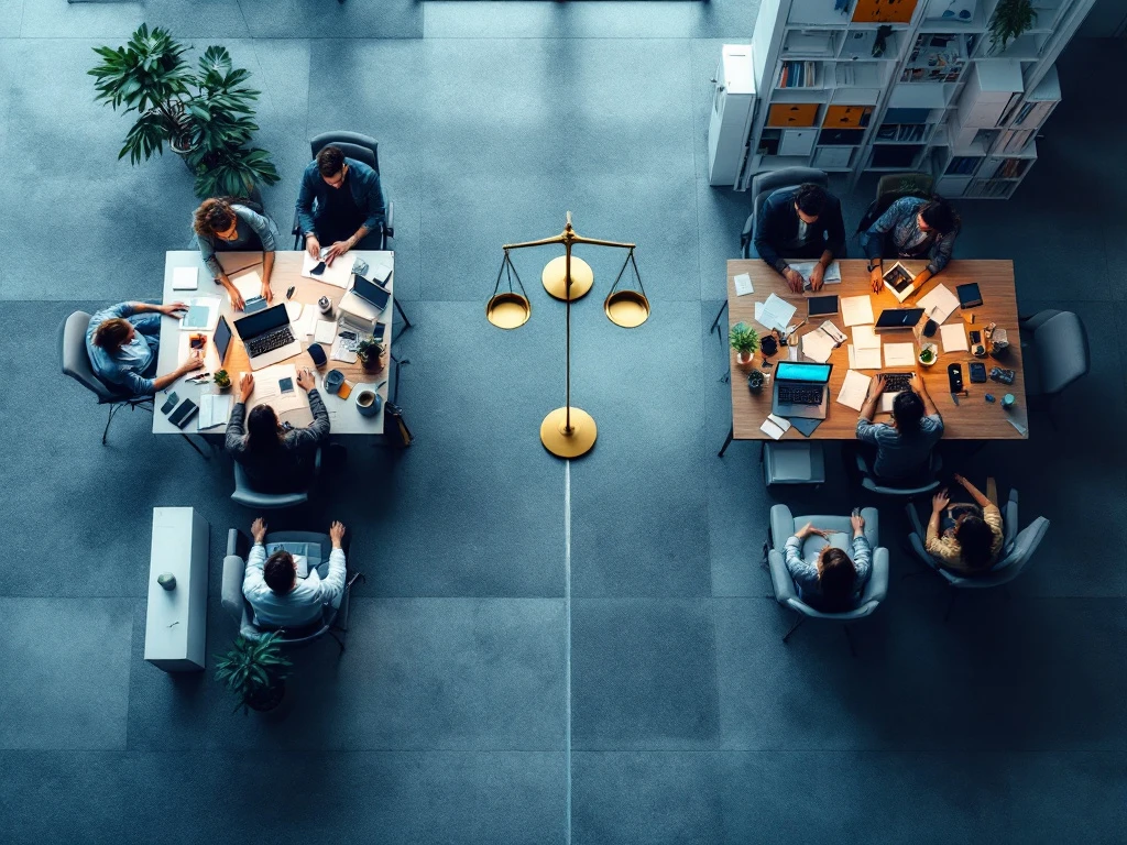 Vergelijking tussen intern marketingteam en extern bureau: gesplitste kantooromgeving met weegschaal in het midden, symboliseert zakelijke keuze.