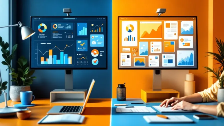 Gedeeld werkruimte: analytische dashboards voor online marketing links, creatieve content en sociale media rechts, verbonden door kleurverloop.