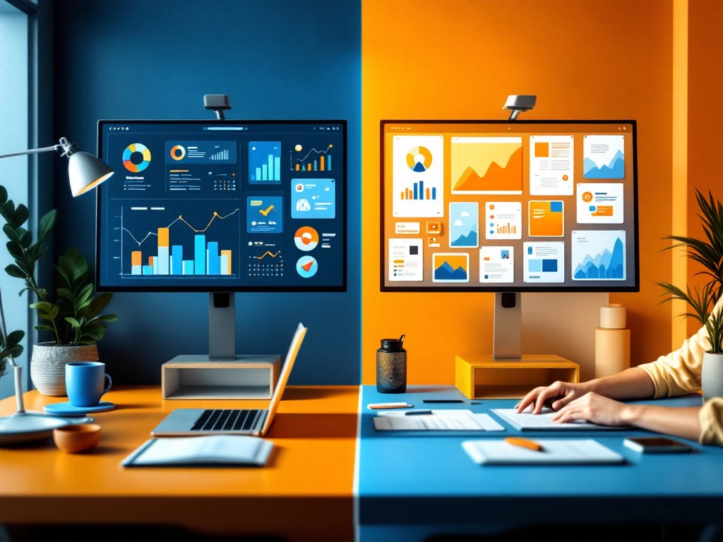 Gedeeld werkruimte: analytische dashboards voor online marketing links, creatieve content en sociale media rechts, verbonden door kleurverloop.