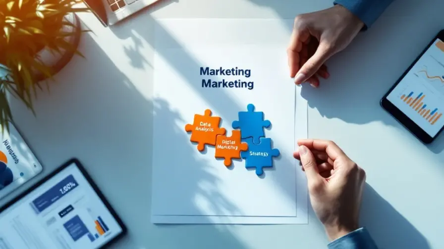 Marketingbureau werkplek met strategisch raamwerk en puzzelstukken voor verschillende marketingcompetenties die in elkaar worden geplaatst door een hand.