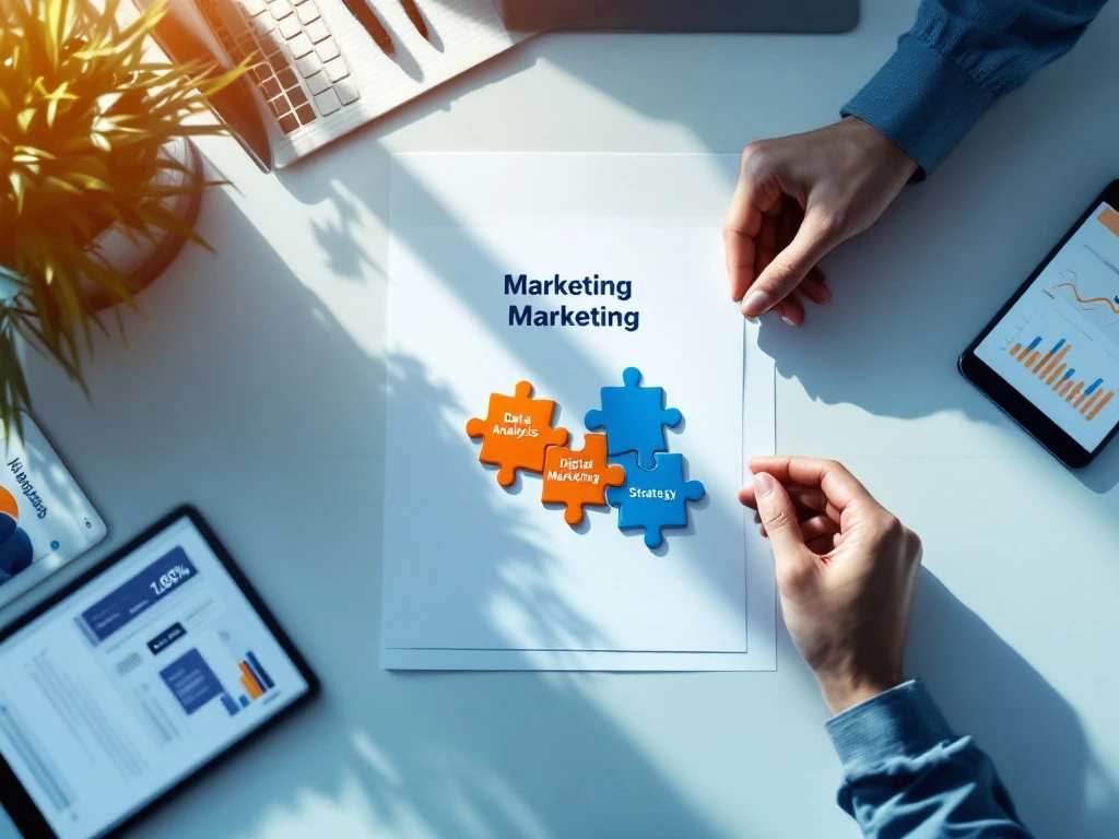 Marketingbureau werkplek met strategisch raamwerk en puzzelstukken voor verschillende marketingcompetenties die in elkaar worden geplaatst door een hand.