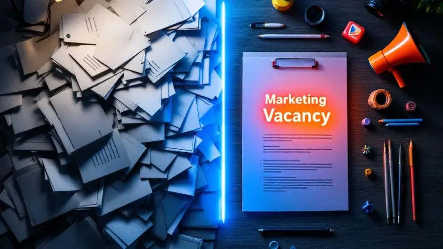 Bureauwerkvlak met saaie, grijze sollicitatieformulieren links en een opvallende marketingvacature rechts, omringd door creatieve elementen in levendig blauw en oranje contrast.