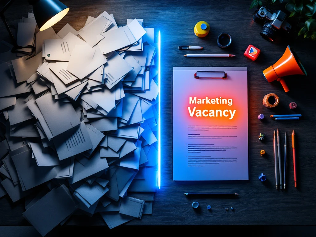 Bureauwerkvlak met saaie, grijze sollicitatieformulieren links en een opvallende marketingvacature rechts, omringd door creatieve elementen in levendig blauw en oranje contrast.