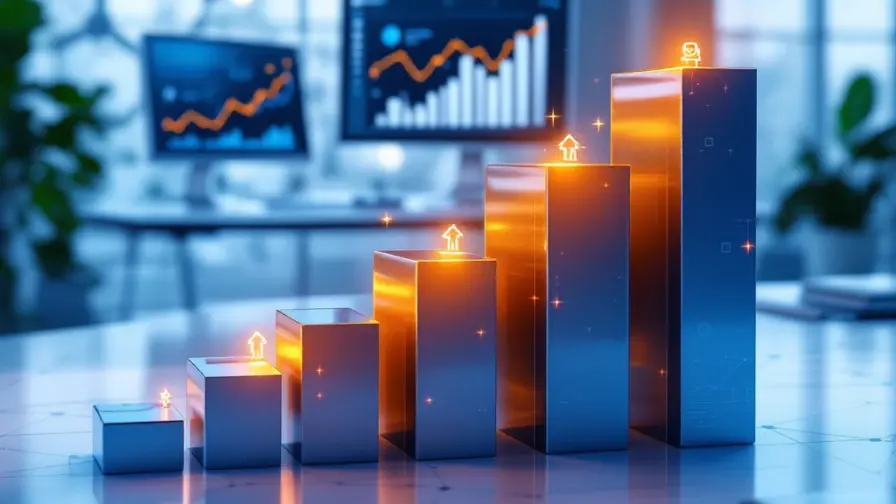 Moderne marketingwerkruimte met analysegrafieken op schermen en trapvormige blokken met marketingelementen in professioneel blauw en oranje tinten.