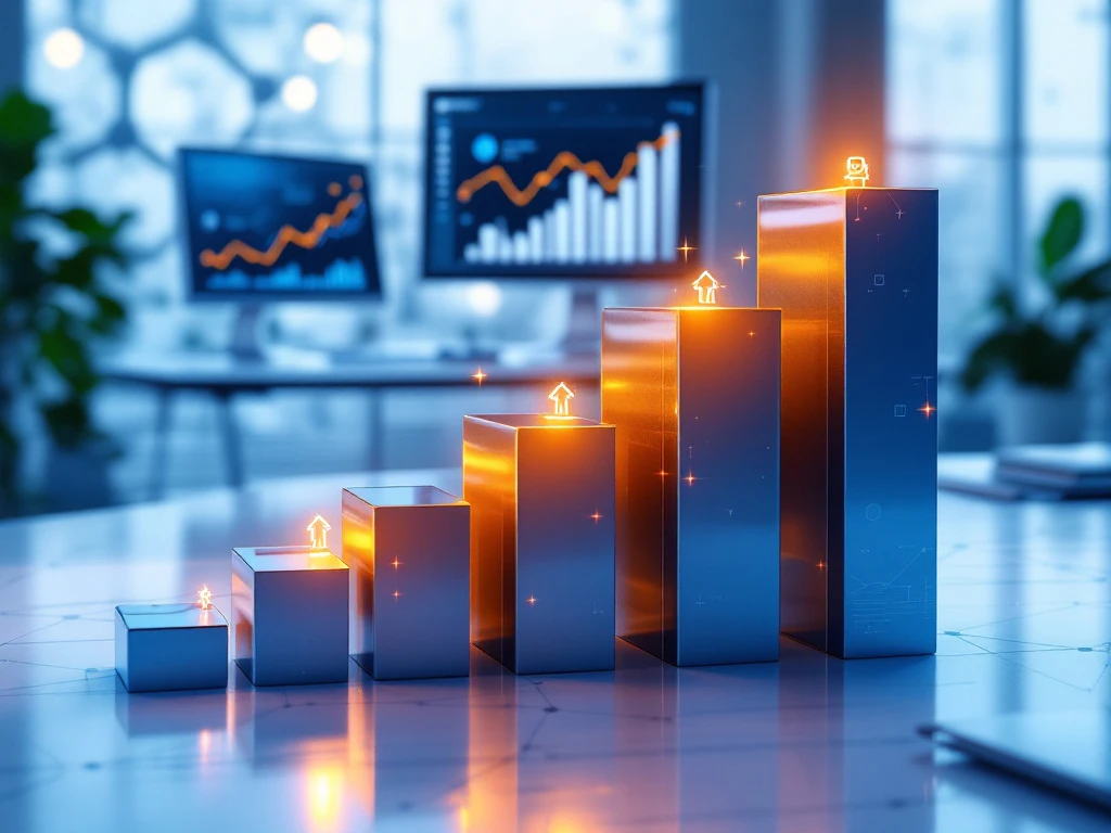 Moderne marketingwerkruimte met analysegrafieken op schermen en trapvormige blokken met marketingelementen in professioneel blauw en oranje tinten.