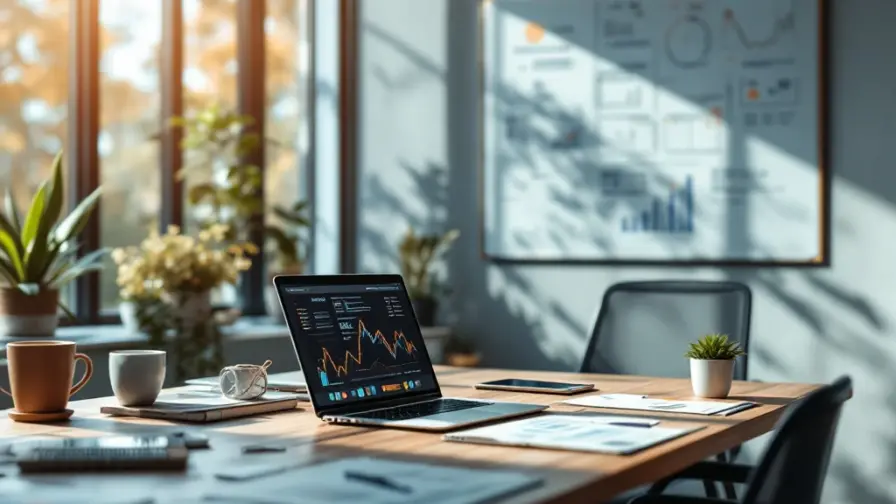 Moderne kantoorruimte met creatief marketinghoek, designbureau vol materialen, zwevende talent-magneet met energielijnen en vergaderruimte op achtergrond in warm licht.