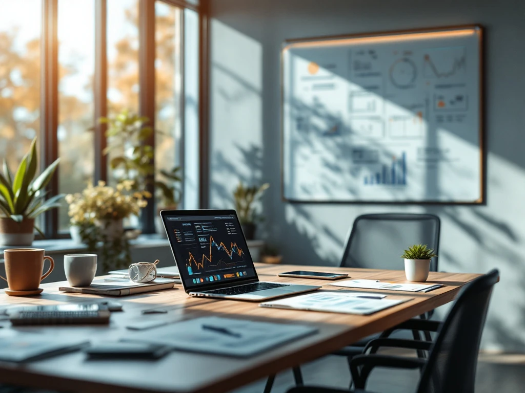 Moderne kantoorruimte met creatief marketinghoek, designbureau vol materialen, zwevende talent-magneet met energielijnen en vergaderruimte op achtergrond in warm licht.