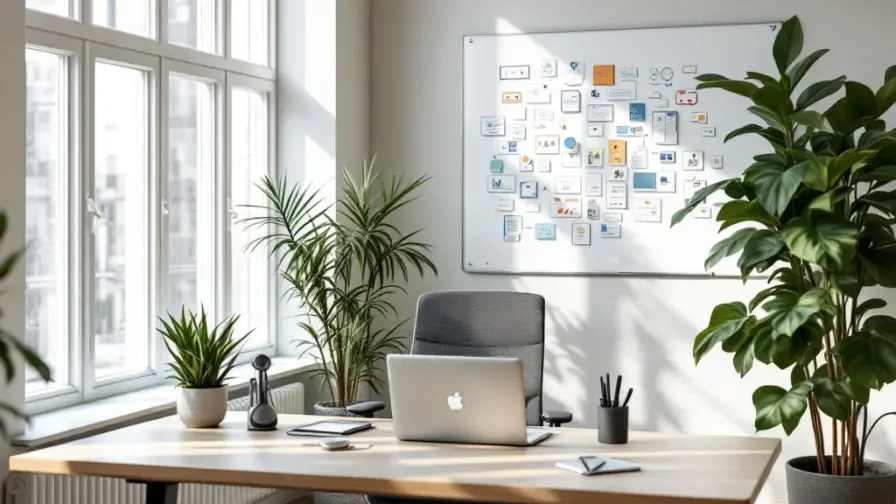 Modern kantoorinterieur met ergonomisch werkstation, plant en professionele apparatuur. Brainstormruimte met whiteboard en certificaten suggereren professionele groei in marketingomgeving.