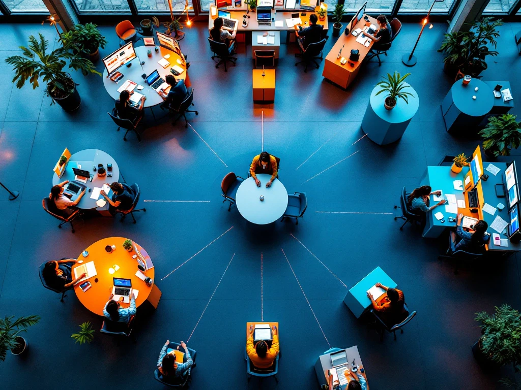 Modern kantoor met kleurgecodeerde, verbonden werkplekken en centrale vergaderruimte. Blauwtinten met oranje accenten tonen afdelingen die samenwerken.