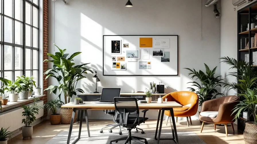 Moderne kantoorruimte met ergonomische werkplek, designlaptop, samenwerkingsruimtes en smart board. Planten en ontspanningshoek voor werk-privébalans.