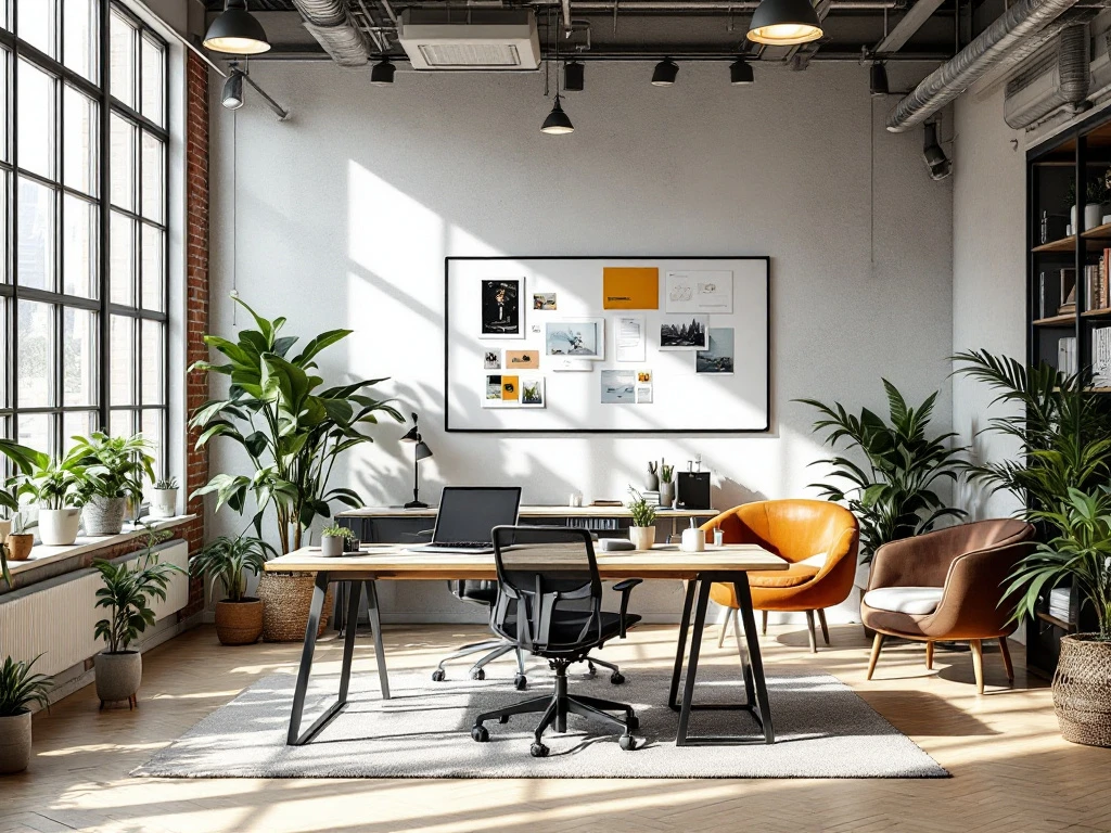 Moderne kantoorruimte met ergonomische werkplek, designlaptop, samenwerkingsruimtes en smart board. Planten en ontspanningshoek voor werk-privébalans.