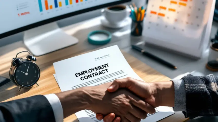 Half-getekend arbeidscontract op professioneel bureau met proefperiodekalender, zakelijke handdruk tussen creatief en formeel, en marketinganalyses.