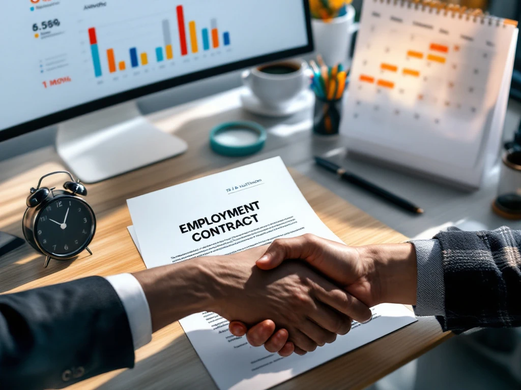Half-getekend arbeidscontract op professioneel bureau met proefperiodekalender, zakelijke handdruk tussen creatief en formeel, en marketinganalyses.