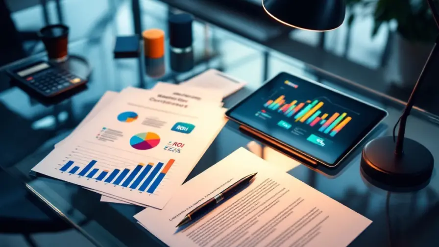 Glazen bureau met rekruteringsmaterialen, marketinganalyses op tablet, calculator en documenten in modern kantooromgeving