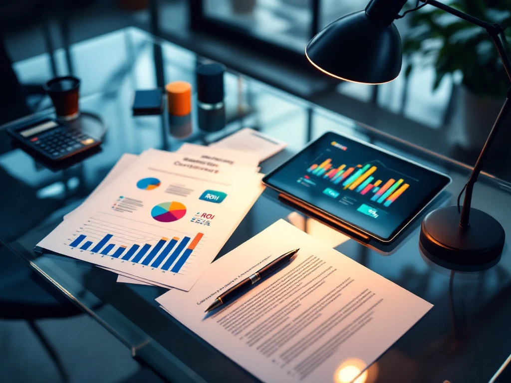 Glazen bureau met rekruteringsmaterialen, marketinganalyses op tablet, calculator en documenten in modern kantooromgeving