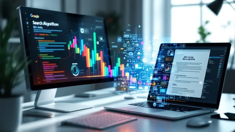 Moderne werkplek met twee schermen: Google zoekalgoritme visualisatie en SEO-vacature, met 3D-hologram van SEO-evolutie in Google's kenmerkende kleuren.