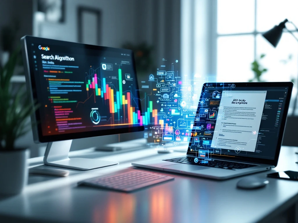 Moderne werkplek met twee schermen: Google zoekalgoritme visualisatie en SEO-vacature, met 3D-hologram van SEO-evolutie in Google's kenmerkende kleuren.