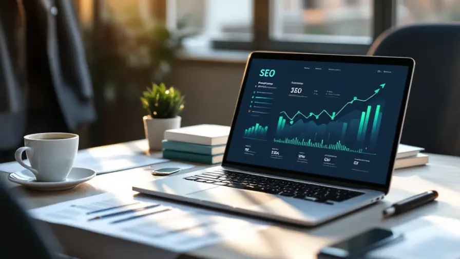 Professioneel bureau met laptop toonend SEO-analyticsdashboard, loopbaantraject diagram, blazer op stoel, en SEO-boeken symboliseren carrièregroei in moderne kantooromgeving.