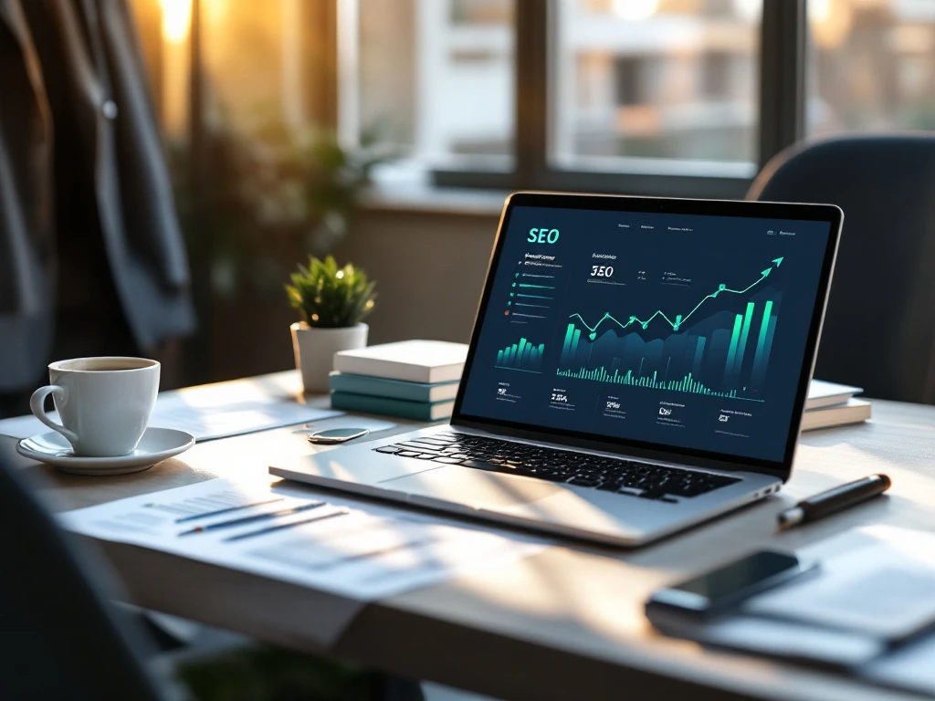 Professioneel bureau met laptop toonend SEO-analyticsdashboard, loopbaantraject diagram, blazer op stoel, en SEO-boeken symboliseren carrièregroei in moderne kantooromgeving.