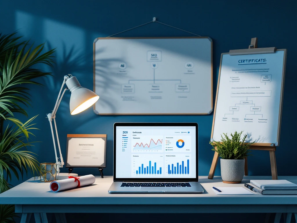 Professionele SEO-werkplek met laptop toonend analytics dashboard, certificaten, diplomarol, organogram, vakliteratuur en whiteboard met ranking-factoren in blauw-wit kleurenschema.