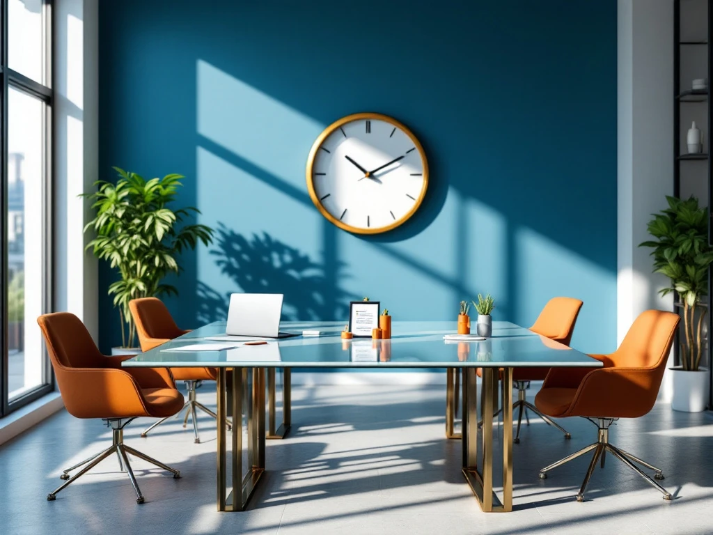Moderne vergadertafel met tijdlijn van het SEO-sollicitatieproces, gemarkeerd door CV, laptop en kompas. Professionele werkplek van Search-On in warm zonlicht.