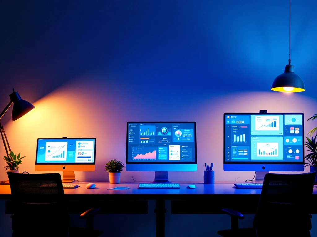 Drie professionele SEO-werkplekken die carrièreprogressie tonen van junior naar senior specialist, met toenemend geavanceerde analytics en Search-On kleuren.