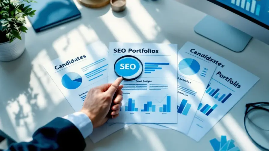 Professioneel bureau met drie SEO-portfolio's uitgespreid, hand wijst met vergrootglas naar één terwijl computerscherm zoekresultaten toont.