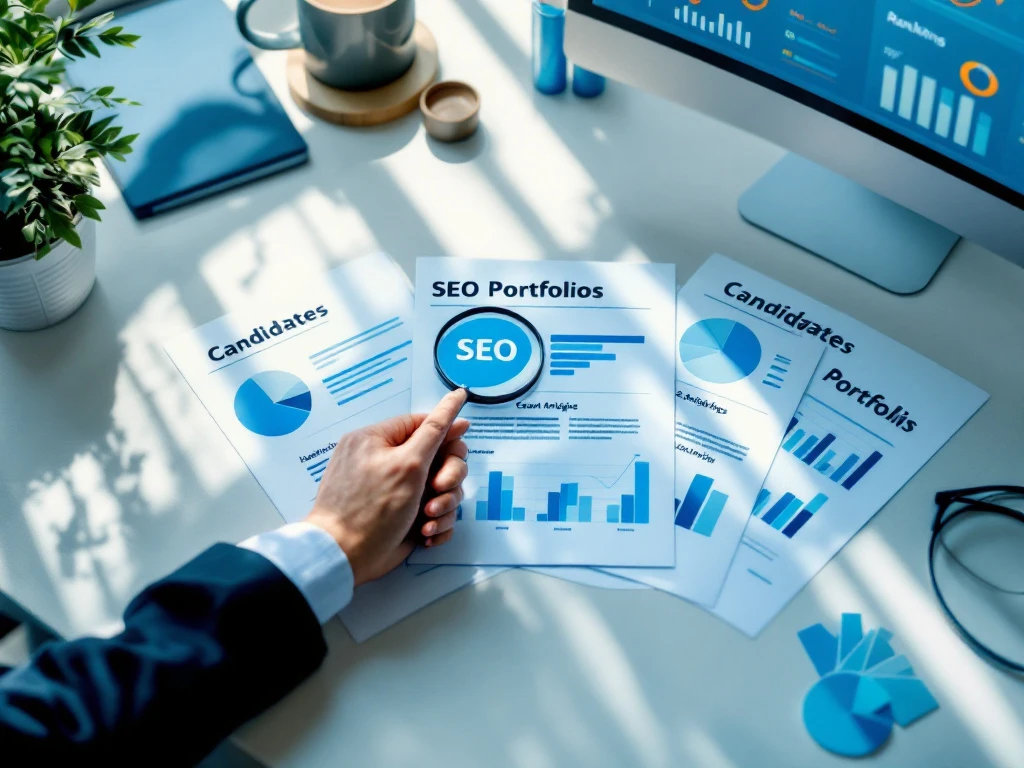 Professioneel bureau met drie SEO-portfolio's uitgespreid, hand wijst met vergrootglas naar één terwijl computerscherm zoekresultaten toont.
