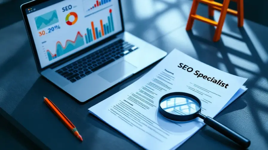 Professionele werkplek met laptop die SEO-analyses toont, een sollicitatiemap voor SEO-specialist, en een vergrootglas over codecontext, belicht in blauwe en grijze professionele tinten.