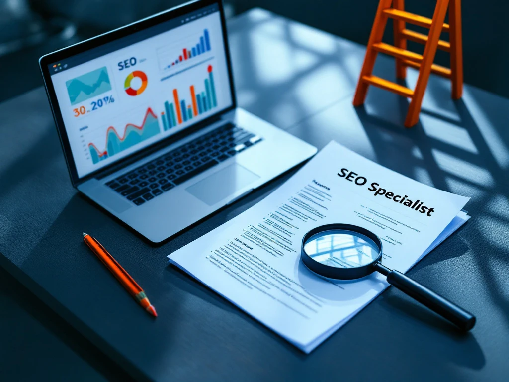 Professionele werkplek met laptop die SEO-analyses toont, een sollicitatiemap voor SEO-specialist, en een vergrootglas over codecontext, belicht in blauwe en grijze professionele tinten.