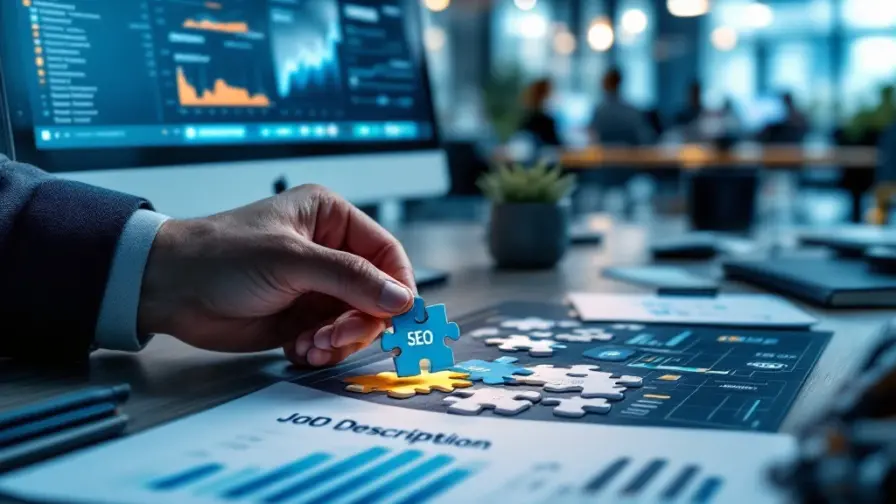 Hand plaatst laatste puzzelstuk van zoekmachineresultaten naast SEO Specialist vacature. Monitor toont website-analytics in professionele kantooromgeving.