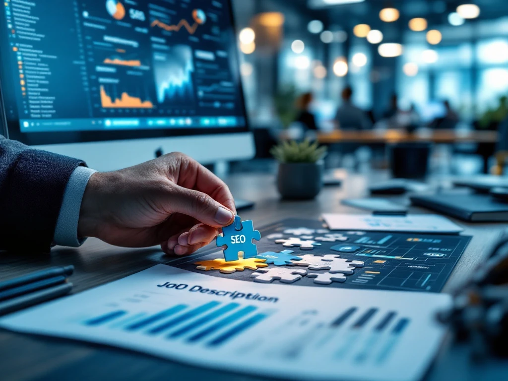 Hand plaatst laatste puzzelstuk van zoekmachineresultaten naast SEO Specialist vacature. Monitor toont website-analytics in professionele kantooromgeving.