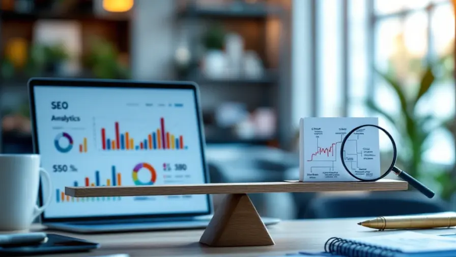 Moderne weegschaal op bureau balanceert laptop met SEO-analyses tegen vaardigheden: vergrootglas, strategienotities en codesymbolen in professionele werkruimte.