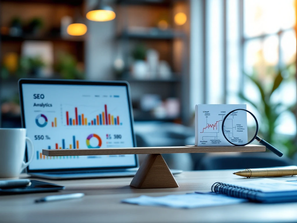 Moderne weegschaal op bureau balanceert laptop met SEO-analyses tegen vaardigheden: vergrootglas, strategienotities en codesymbolen in professionele werkruimte.