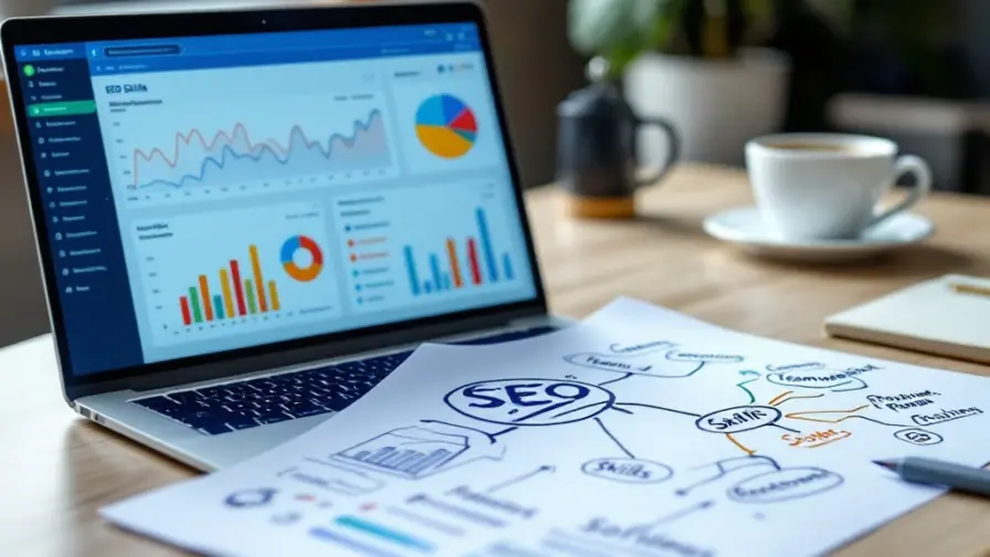 Professionele werkplek met SEO-analysedashboard en mindmap van soft skills, toont verbinding tussen technische en menselijke aspecten