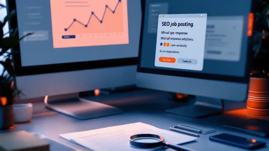 Professioneel bureau met SEO-vacature op monitor en lege sollicitatiemap. Smartphone toont lage betrokkenheid, terwijl analysegrafieken kandidatentekort weergeven.
