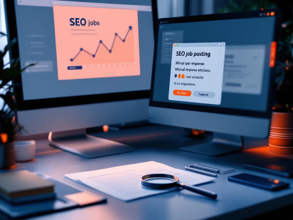 Professioneel bureau met SEO-vacature op monitor en lege sollicitatiemap. Smartphone toont lage betrokkenheid, terwijl analysegrafieken kandidatentekort weergeven.