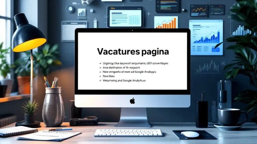Professionele werkplek met vacaturepagina op computer, SEO-visualisaties, strategienotities en Google Analytics op tablet. Vergrootglas symboliseert matchmaking.