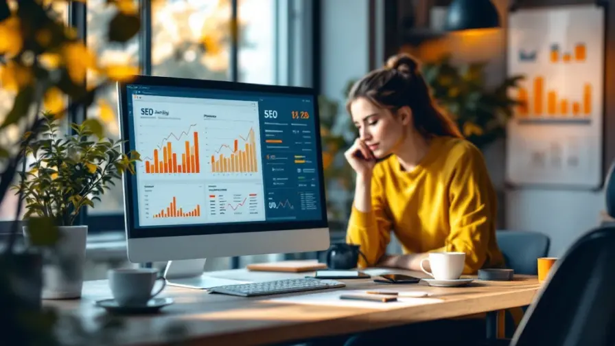 Ergonomische werkplek met computerscherm dat SEO-analysegrafieken toont, notitieblok met sitemap en smartphone met analysetool in een licht kantoor.